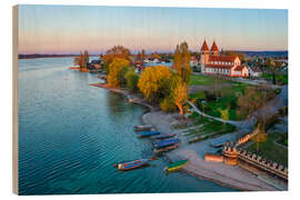 Holzbild Insel Reichenau am Bodensee bei Sonnenuntergang