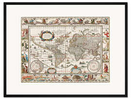 Gerahmter Kunstdruck Vintage Weltkarte, Latein 1635 - 1649