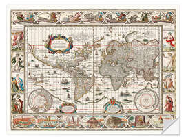 Selvklebende plakat Vintage Map of The World, Latin 1635 - 1649