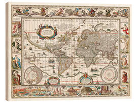 Holzbild  Vintage Weltkarte, Latein 1635 - 1649 - Jan Aertse van den Ende
