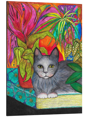 Cuadro de aluminio Cat on a Book with Colourful Houseplants