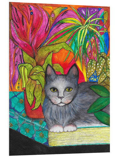 Quadro em PVC Cat on a Book with Colourful Houseplants