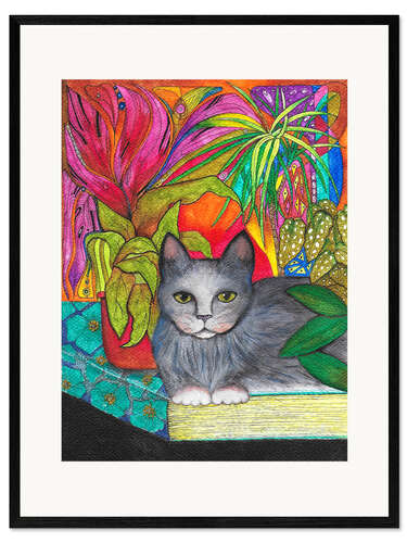 Framed art print Cat on a Book with Colourful Houseplants