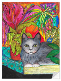 Selvklebende plakat Cat on a Book with Colourful Houseplants