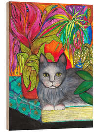 Quadro de madeira Cat on a Book with Colourful Houseplants