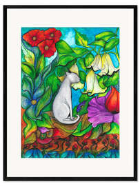 Framed art print White Cat in a Flower Garden