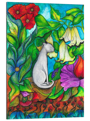 Tableau en plexi-alu White Cat in a Flower Garden