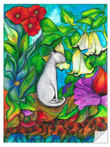 Selvklæbende plakat White Cat in a Flower Garden