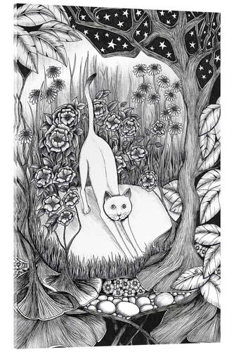 Stampa su vetro acrilico Stretching Cat in Fantasy Night Garden