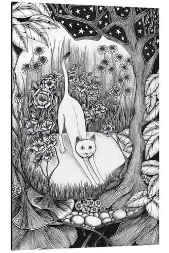 Aluminium print Stretching Cat in Fantasy Night Garden
