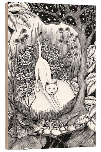 Wood print Stretching Cat in Fantasy Night Garden