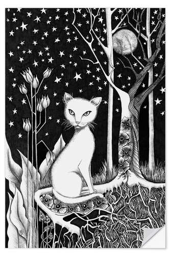 Selvklæbende plakat White Cat and Starry Night