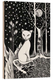 Wood print White Cat and Starry Night