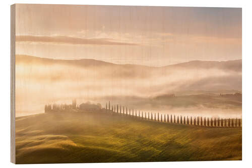 Trätavla Morning fog in Tuscany