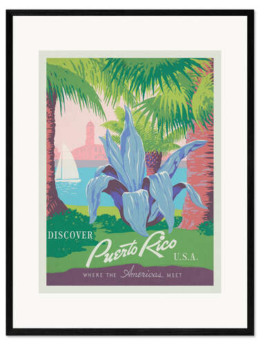 Kehystetty taidepainatus Discover Puerto Rico, Vintage Travel Art