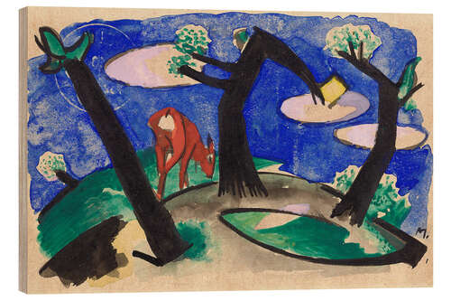 Wood print Landscape with a red animal