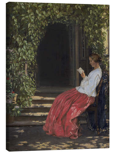 Canvas print Lady reading in front of a garden door