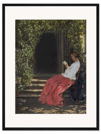 Gerahmter Kunstdruck Lesende Dame vor einer Gartentür