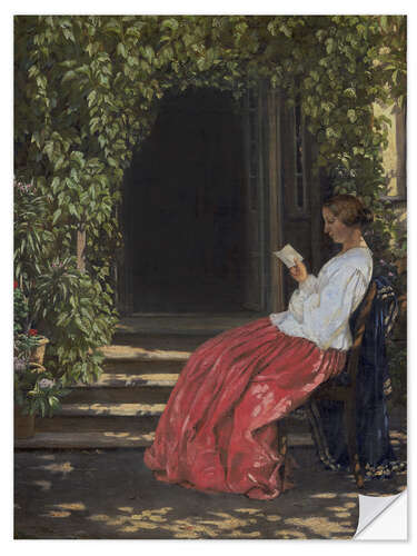 Sticker mural Lady reading in front of a garden door