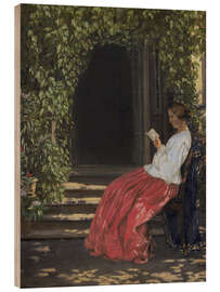 Puutaulu Lady reading in front of a garden door