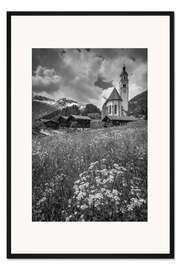 Gerahmter Kunstdruck Kirche und Bauernhäuser in Obermauern im Virgental, Osttirol