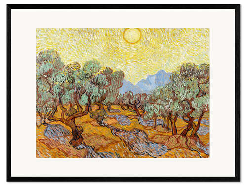 Gerahmter Kunstdruck Olivenbäume mit gelbem Himmel und Sonne