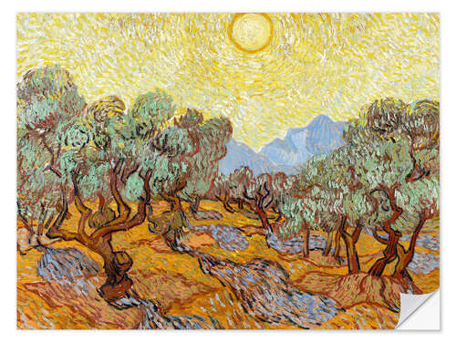 Selvklebende plakat Olive Trees with Yellow Sky and Sun