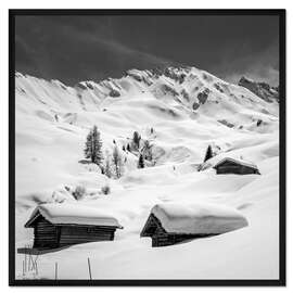Gerahmter Kunstdruck Verschneite Hütten auf der Seiser Alm, Südtirol