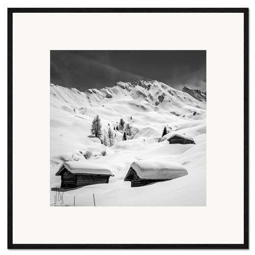 Impressão artística com moldura Snow-covered huts on the Seiser Alm, South Tyrol