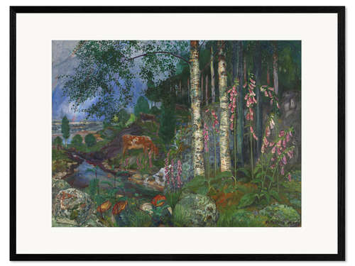Ingelijste kunstdruk Foxgloves & Cows Grazing