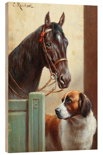 Wood print A Bay and a St. Bernard in a Stable