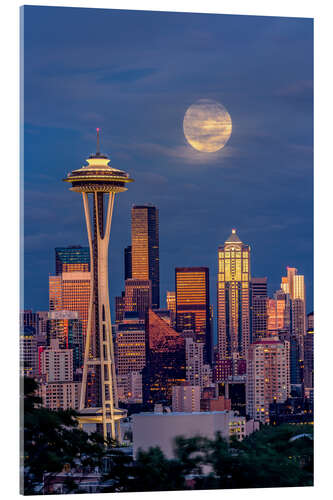 Acrylglas print Seattle skyline and super moon at dusk