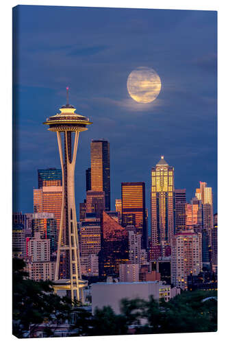 Canvastavla Seattle skyline and super moon at dusk