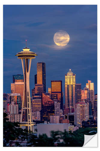 Selvklebende plakat Seattle skyline and super moon at dusk