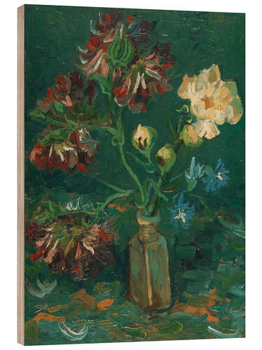 Wood print Small Bottle with Peonies & Blue Delphiniums, 1886