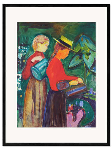 Framed art print Girls watering flowers