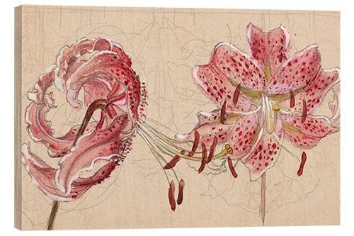 Wood print Pink Spotted Lilies and Maple Seeds