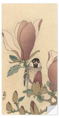 Muursticker Sparrow on Blossoming Magnolia Branch, ca. 1900