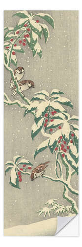 Muursticker Sparrows on a snowy currant bush, ca. 1900