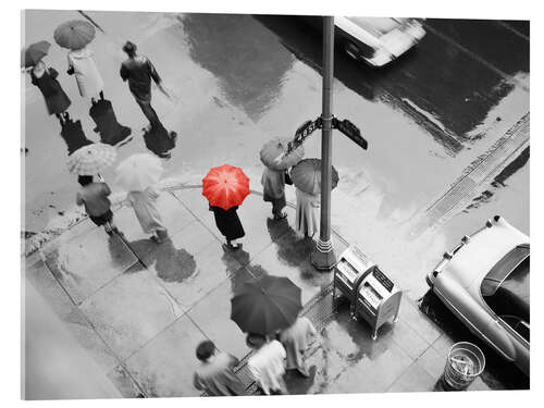 Acrylglasbild Straßenszene mit rotem Regenschirm, 1950er, New York City