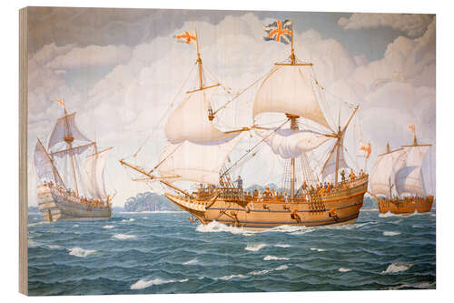 Wood print English Colonial Ships Traveling to Jamestown, Virginia, 1607
