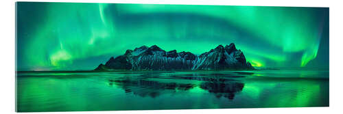 Tableau en verre acrylique Reflet de l'aurore verte dans la mer, Islande