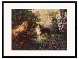Innrammet kunsttrykk Girl and Dog in Garden