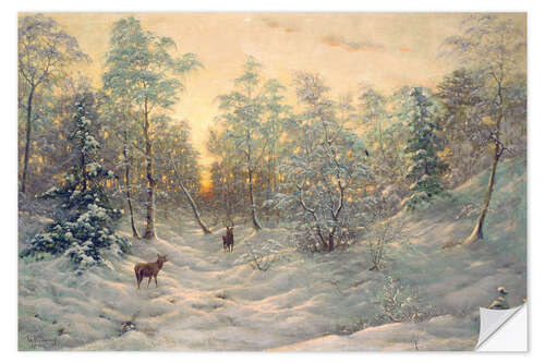 Vinilo para la pared Deer in a snowy landscape at dusk