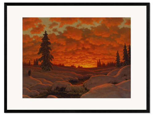 Kehystetty taidepainatus Winter Landscape dipped in red