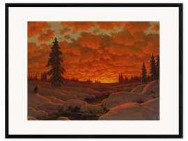 Gerahmter Kunstdruck Winterlandschaft in rot getaucht