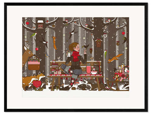 Kehystetty taidepainatus Lily is having a picnic in the winter forest