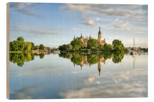 Wood print Schwerin Castle in the morning sun