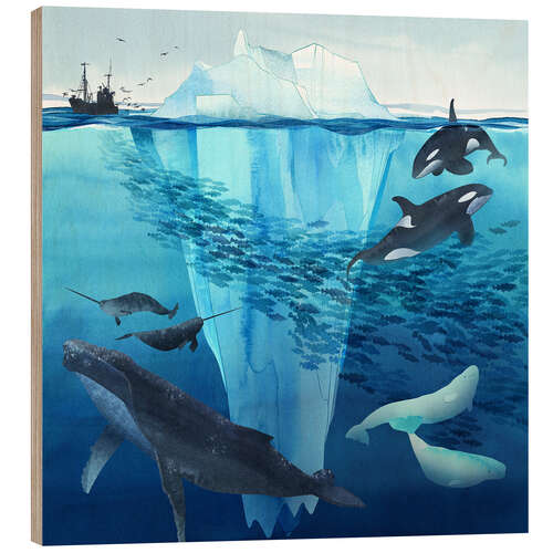 Wood print Whales and iceberg in Arctic Sea