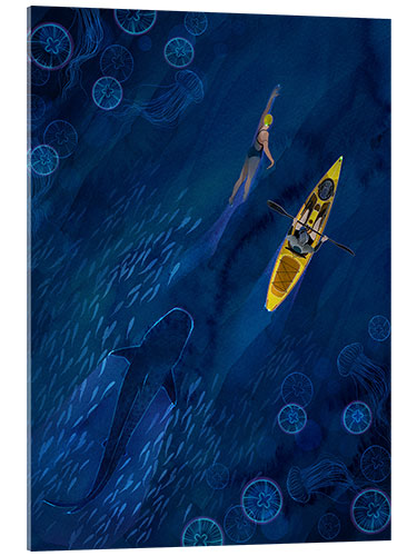 Tableau en verre acrylique Swimming woman, canoe and whale